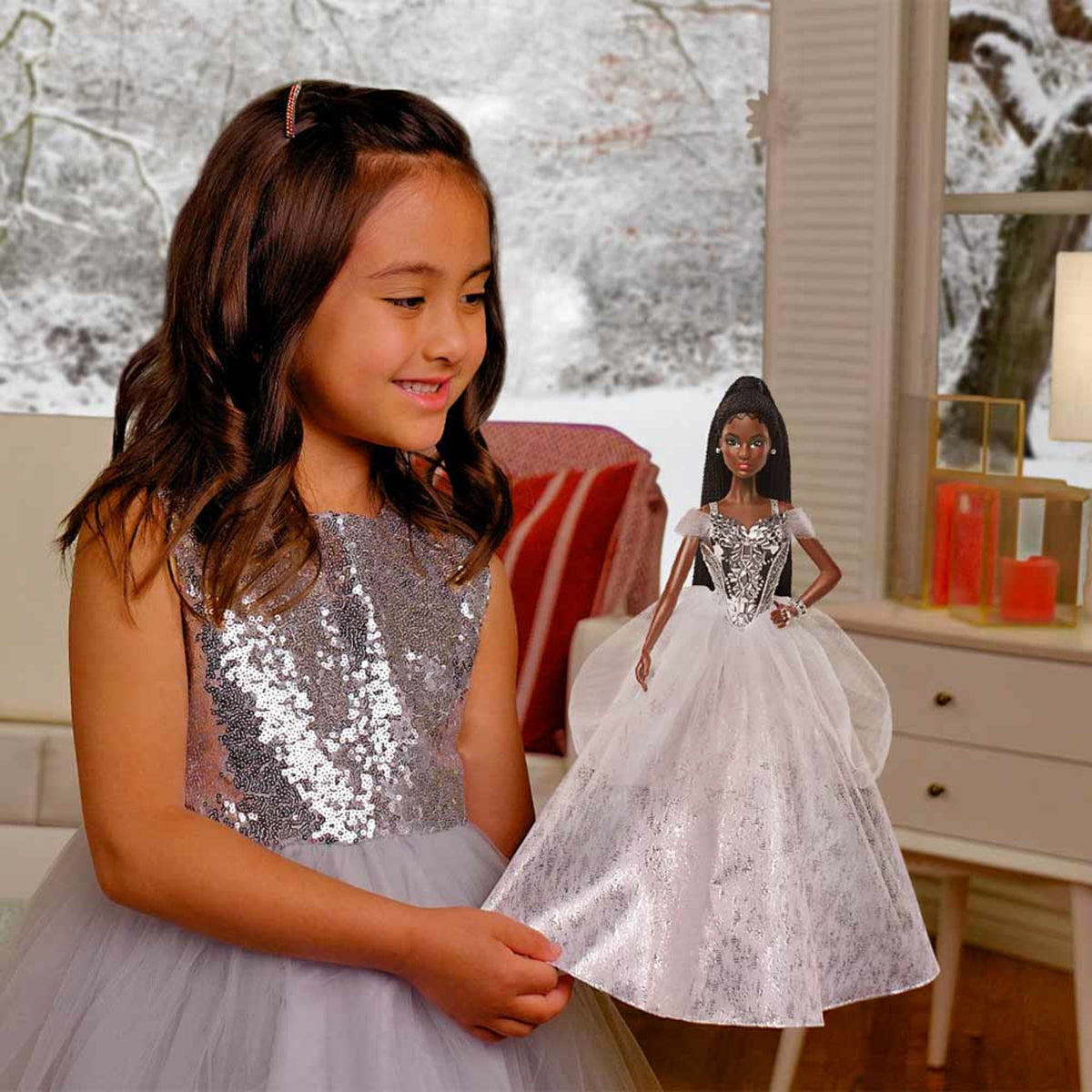 2021 Holiday Barbie Doll, Brunette Braids
